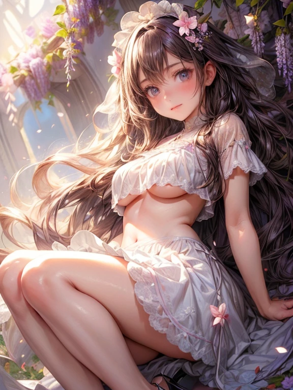 cute girl, in wisteria trejllis:1.4, masterpiece:1.4, best quality:1.4, 8k, CG, photorealistic:1.37, beautiful ultra-delicate (hair, eyes, face, hands, wisteria), long straight black hair, flowy hair, beautiful detailed fluff crop top (under boob), beautiful detailed fluffly pure white dress skirt, (dutch angle:1.2), high heels, 