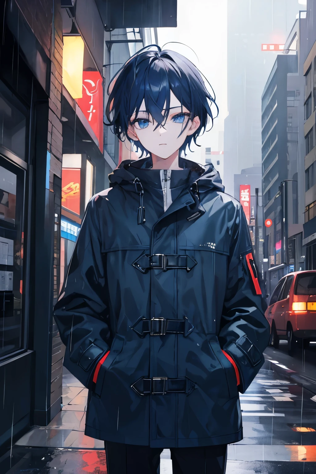 masterpiece, Best quality, 1 boy, night city, rain, coat, detailed face, detailed eyes, beauty eyes, I look at the viewer, hands in pockets hair blue