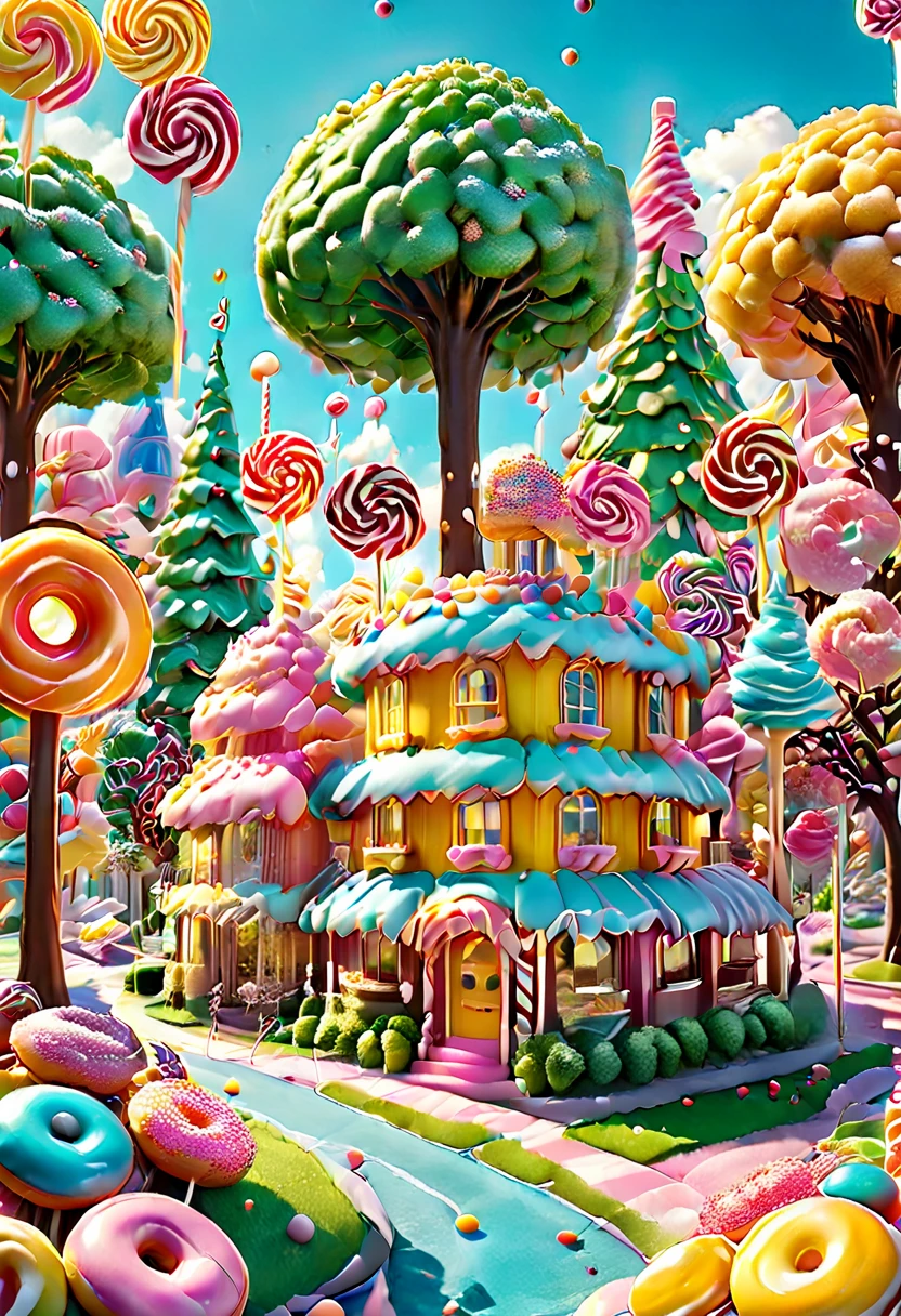 general shot: 1.5, ((city of sweet cake and candy buildings: 1.7)), (( candies, tree-shaped lollipops, donut-shaped sun, beautiful candy colors: 1.6)), ultra-realistic, photorealistic CG K : 1.4, skin texture: 1.4, masterpiece: 1.4, ((hyper detailed, epic, beautiful, creative and imaginative image: 1.6)), 32k.