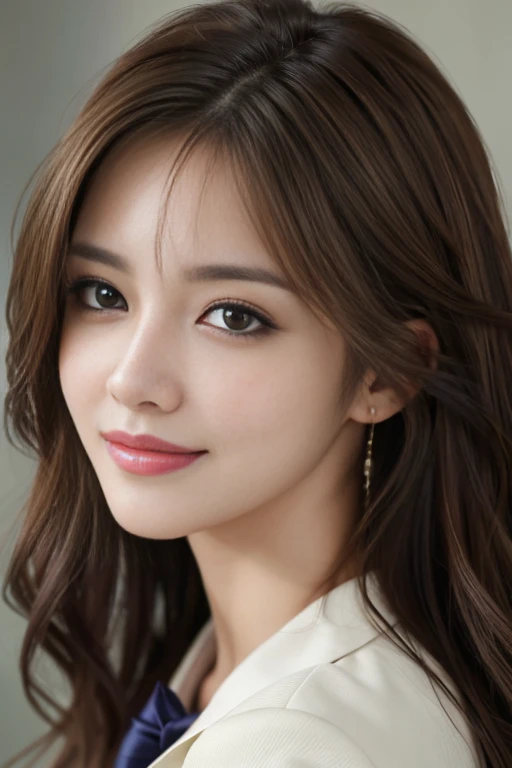 on the table, best quality, actual, super detailed, finely, High resolution, 8k wallpaper, 1 beautiful woman,, light brown messy hair, wearing a suit, sharp focus, Perfect dynamic composition, Beautiful and delicate eyes, thinning hair, Detailed actual skin texture, Smile, closeup portrait, model figure
