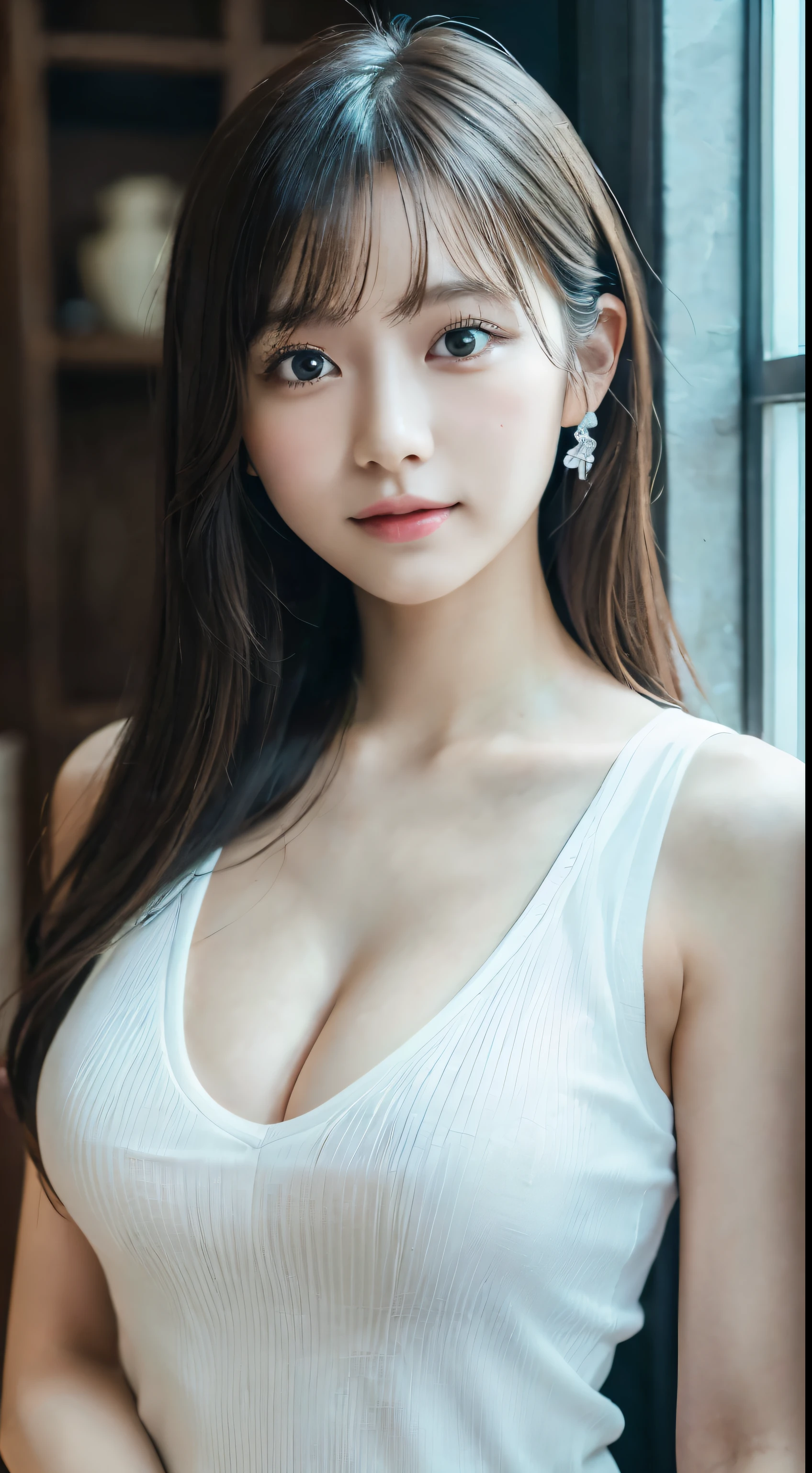 innocent 20 year old girl、((white tank top, dramatic pose)),smile,shortcut,natural Park、Raw photo, (8K、highest quality、masterpiece:1.2)、(intricate details:1.4)、(Photoreal:1.4)、octane rendering、Ultra-detailed complex 3D renderings, soft light in the studio, rim light, vivid details, super detail, realistic skin texture, Surface details, Beautiful eyes in every detail, Highly detailed CG Unity 16k wallpaper, compensate, (detailed background:1.2), shiny skin, full body、cleavage,((standing with hands clasped behind the back、leaning forward、Angle from above))