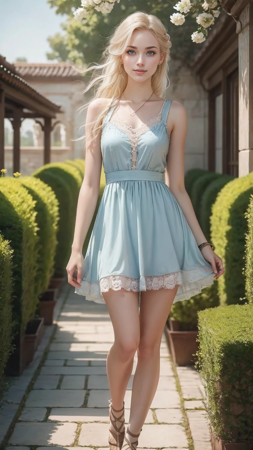 ((最high quality, 8K, masterpiece: 1.3, Ultra HD, high quality, 最high quality, High resolution, realism)) 、(high color saturation:1.0), (highly detailed skin), (最high quality:1.0), (超High resolution:1.0) ,(realistic:1.0), (Super detailed:1.0), (8K, Raw photo:1.1), slender、Slender, muscular body that's toned like an athlete's、I don't want my head to disappear from the screen.、Wear accessories on your wrist、Wearing red nail polish、I have a peticure、25 year old white woman、platinum blonde、blue eyes、long hair、hair above one eye、smile、Skater Dress((skater dress))wear、wear lace-up sandals、In a palace courtyard with flowering hedges、enjoy tea time