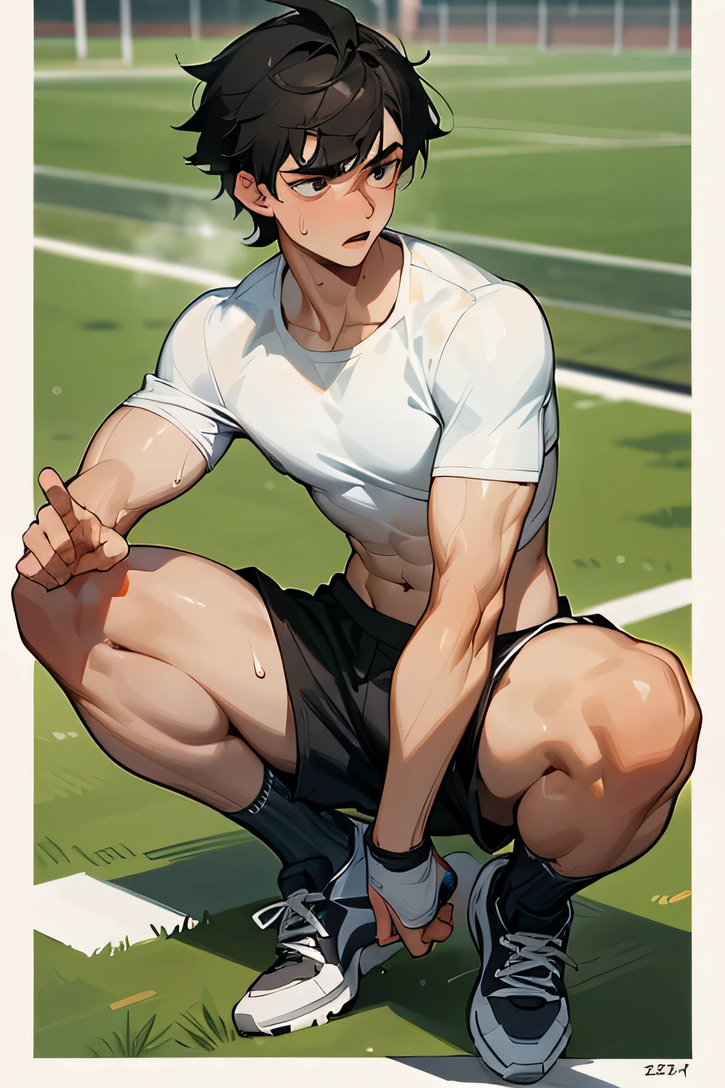 a shirtless 22-year old super muscular sweating male soldier wearing camouflage pants, boots, sweat-drenched, soaking wet, drenched with sweat, sweating profusely, soaking wet with sweat, panting, exhausted, gasping, running in the obstacle course 