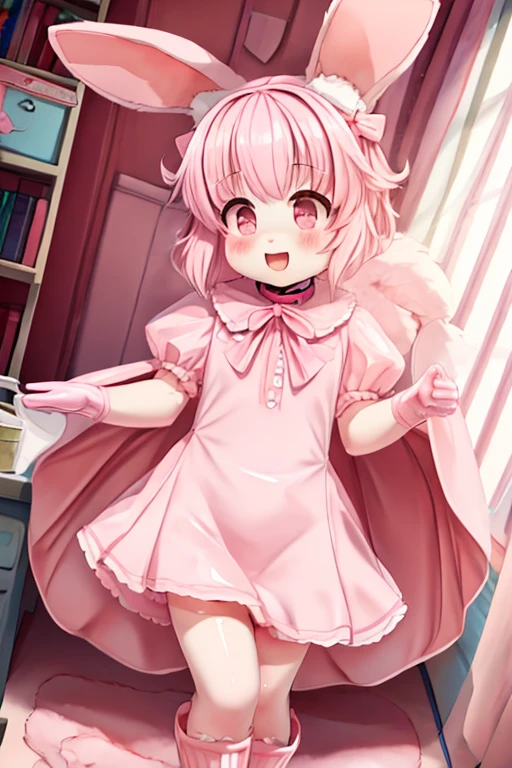 girl, furry, light pink rabbit ears, animal ear fluff, bodyfur, light pink rabbit tail, pink heart budge, pink bow, pink neckerchief, pink salior collar, pink cloak, light pink puff sleeve shirt, pink skirt, pink rubber gloves, pink wellington boots