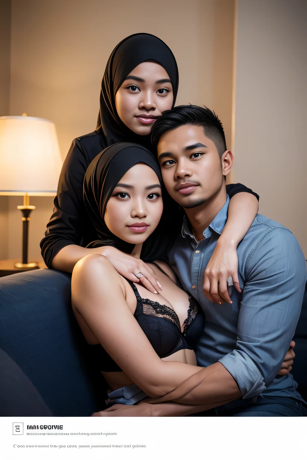 1 matured malay men 30 years old hugging 2 young malay girl in hijab wearing bra, 20 - 23 years old, malay men hand on girl shoulder, nighttime, beautiful girl with beautiful perfect body, location: couch in hotel, professional photography, bright lighting, 28mm lens, Establishing shot, deep focus cinematography effect, Natural Lighting, pastel color grading, high quality, ultra detail, 8k resolution,