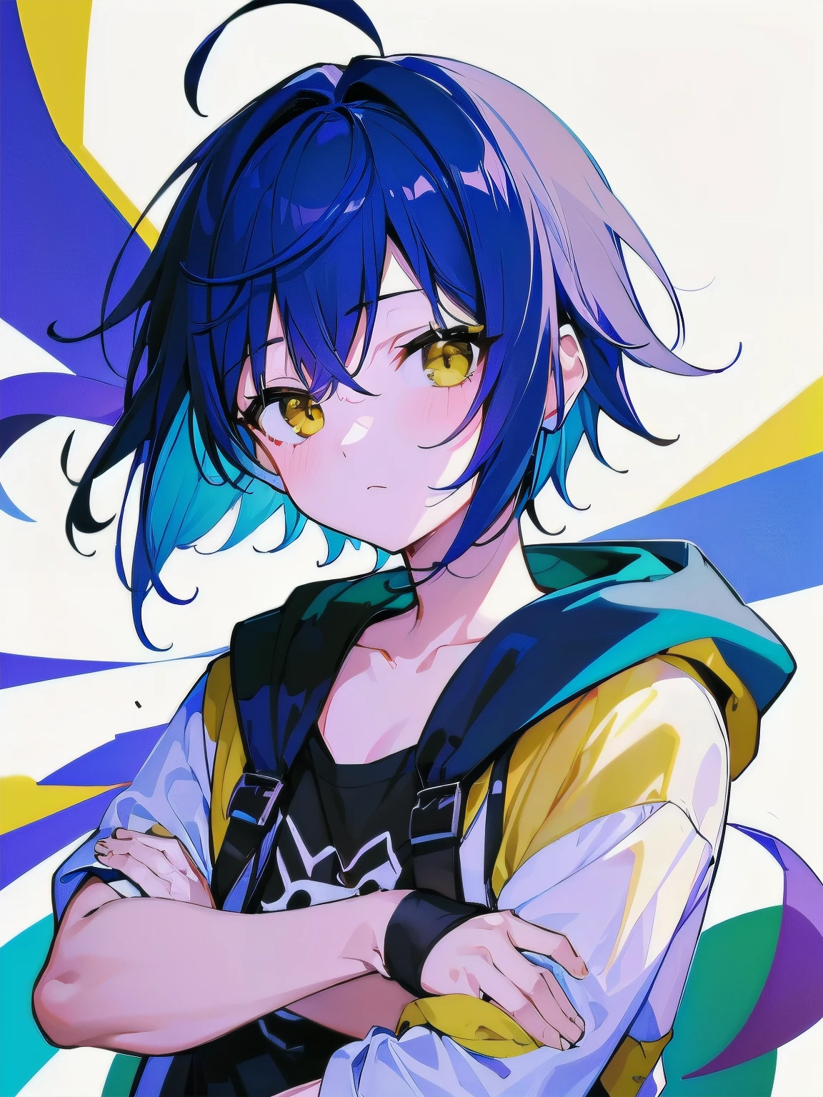 [(WHITE BACKGROUND:1.5),::5], ((((masterpiece)))), high quality, very_high_resolution, large_filesize, full color, ((younger boy)), 13 old year, short deepblue hair, vivid color, ((yellow eye)), civilian clothes white, anime, Below the knee to upper body,