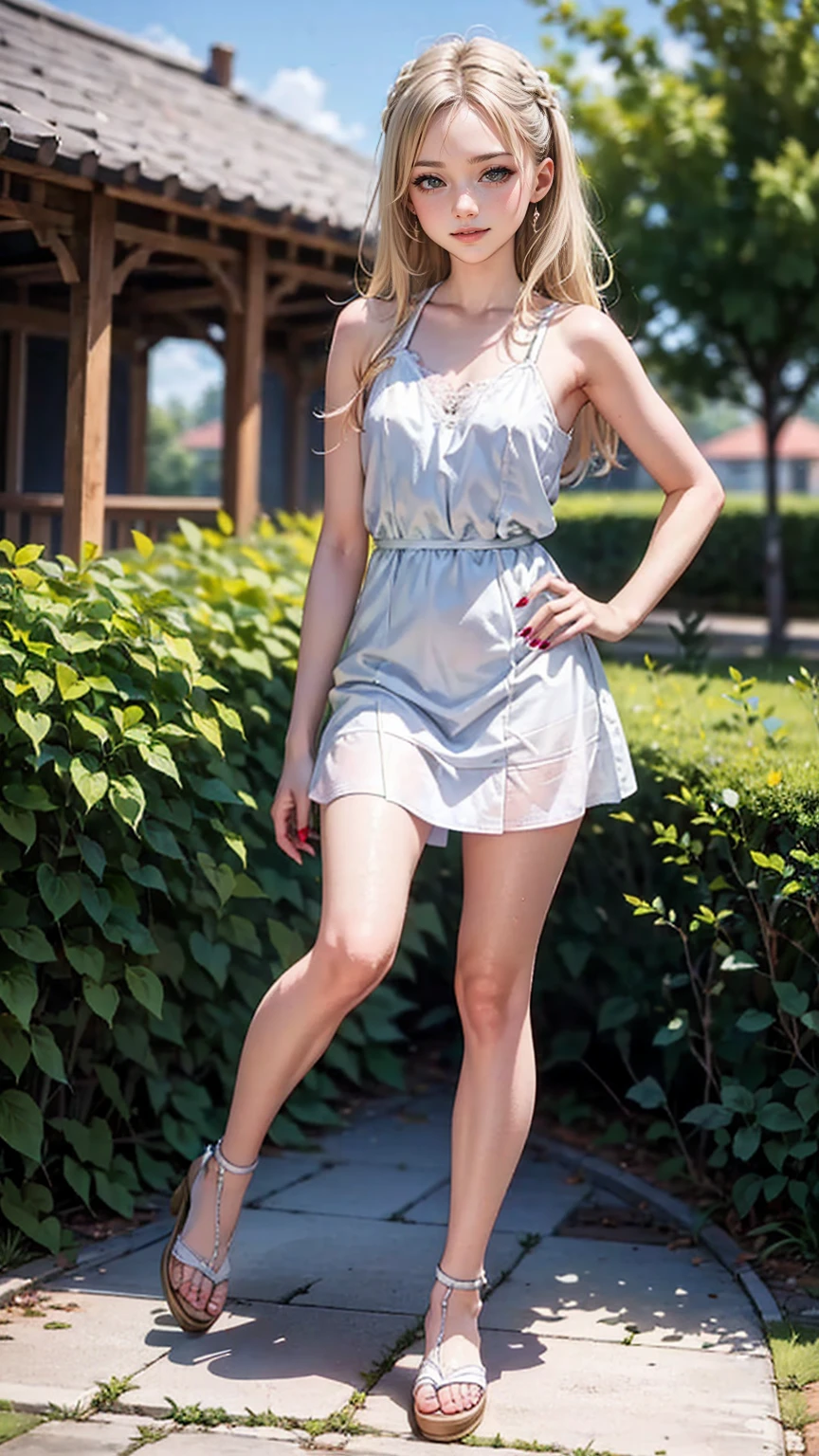 very attractive gorgeous blonde girl in seductive pose, long legs and beautiful long hair. softly looking at viewer with sensual look, standing on a mountaintop, lucious green landscape all around, wide sky and horizon, sunny day with perfect weather, bright sunshine and yellowish light