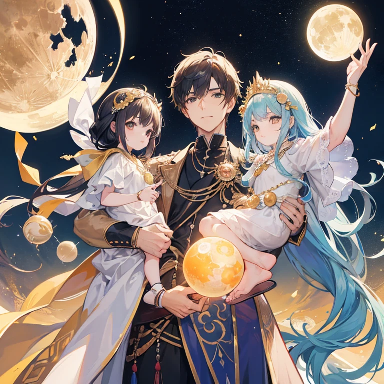Family photo of the son of the Sun holding a small Sun-like orb, with the daughter of the moon holding a Moon-like orb, and they are both holding their baby resembling Earth whom is also holding a very small Earth-like orb.