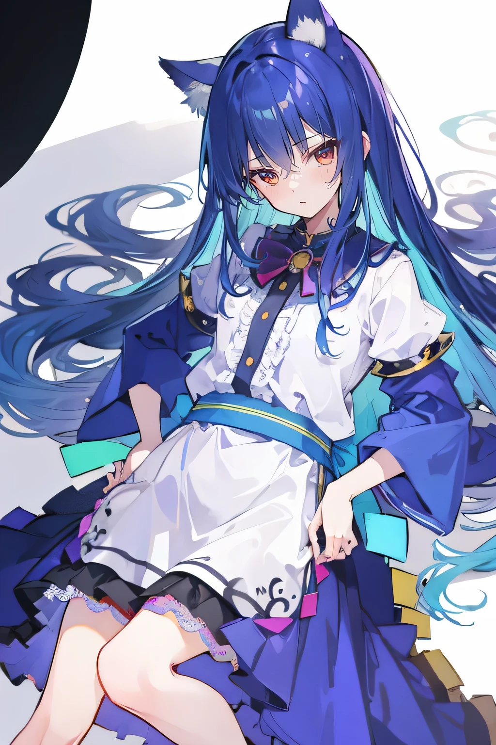 (Masterpiece), best quality, expressive eyes, perfect face, 1girl,
 Put your hands on your waist, fair, gorgeous, Japanese comics, girl, Lola, young angel, blue hair, blue hair, flowing clothes, hug the waist, hug the waist, hands on hips, hands on hips, lay down , lying on the ground, legs on the ground, flat chest, cat ears