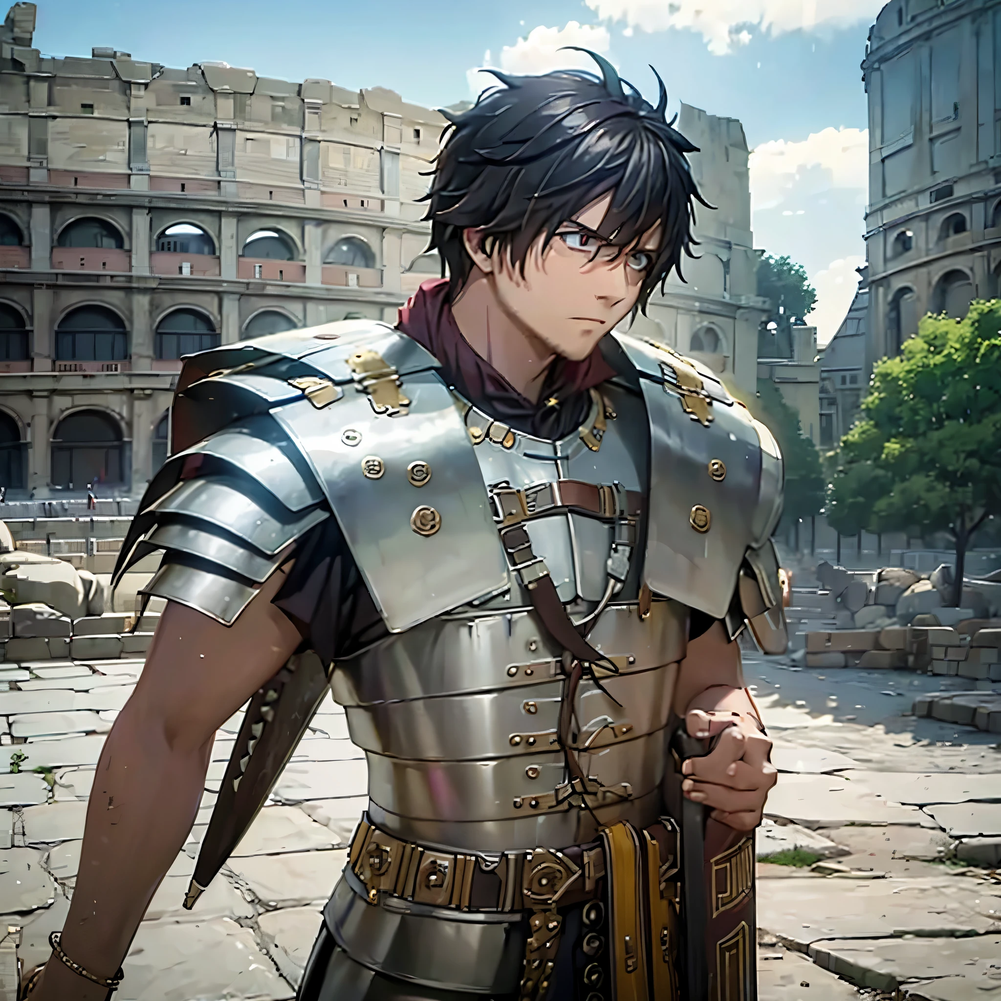 A man wearing Segmented armor, outside a Roman coliseum,HDR, ultra resolution, well defined, masterpiece, 8K HD.
