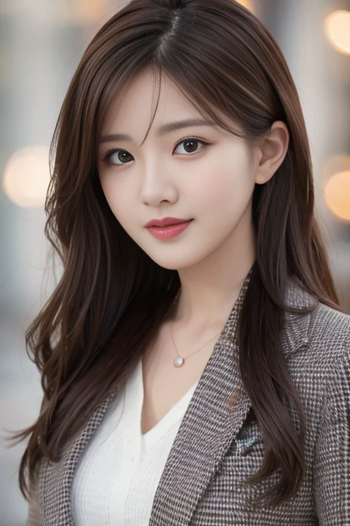 on the table, best quality, actual, super detailed, finely, High resolution, 8k wallpaper, 1 beautiful woman,, light brown messy hair, wearing a suit, sharp focus, Perfect dynamic composition, Beautiful and delicate eyes, thinning hair, Detailed actual skin texture, Smile, closeup portrait, model figure