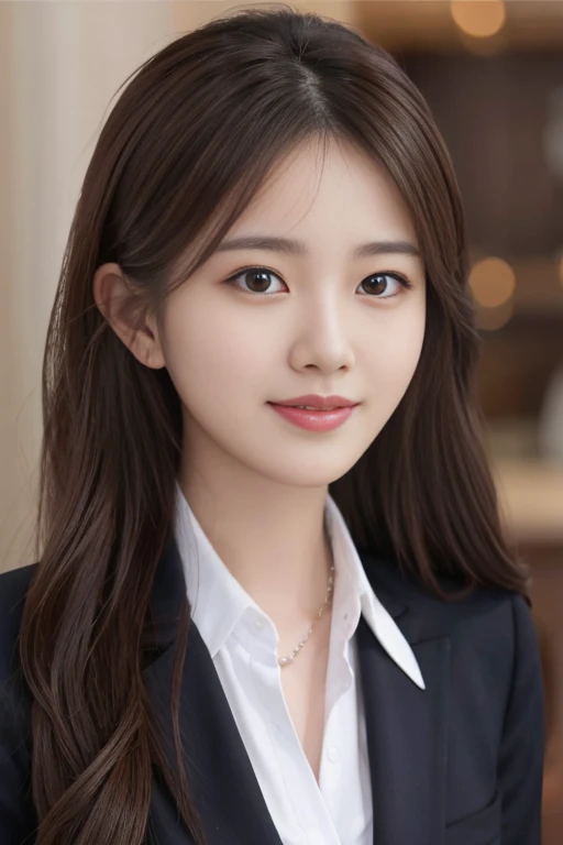 on the table, best quality, actual, super detailed, finely, High resolution, 8k wallpaper, 1 beautiful woman,, light brown messy hair, wearing a suit, sharp focus, Perfect dynamic composition, Beautiful and delicate eyes, thinning hair, Detailed actual skin texture, Smile, closeup portrait, model figure