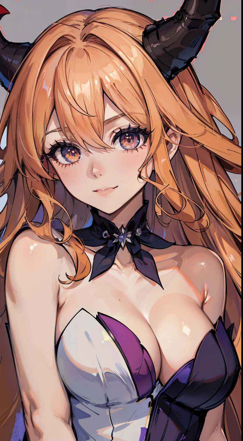 (high-quality, breathtaking),(expressive eyes, perfect face) 1girl, female, solo, , teenagnine face, orange color hair, pink eye color, fluffy curly wavy hair, long hair length, red ribbons, black horns, Symmetrical Eyes, portrait, half body cute smile, grey background, hair between eyes, strapless dress,white gloves,white dress,purple dress,collarbone
