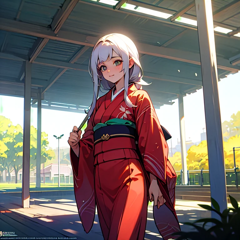 Uma linda garota de 17 anos de cabelos brancos e olhos vermelhos com um corpo escultural usando um belo Kimono no parque