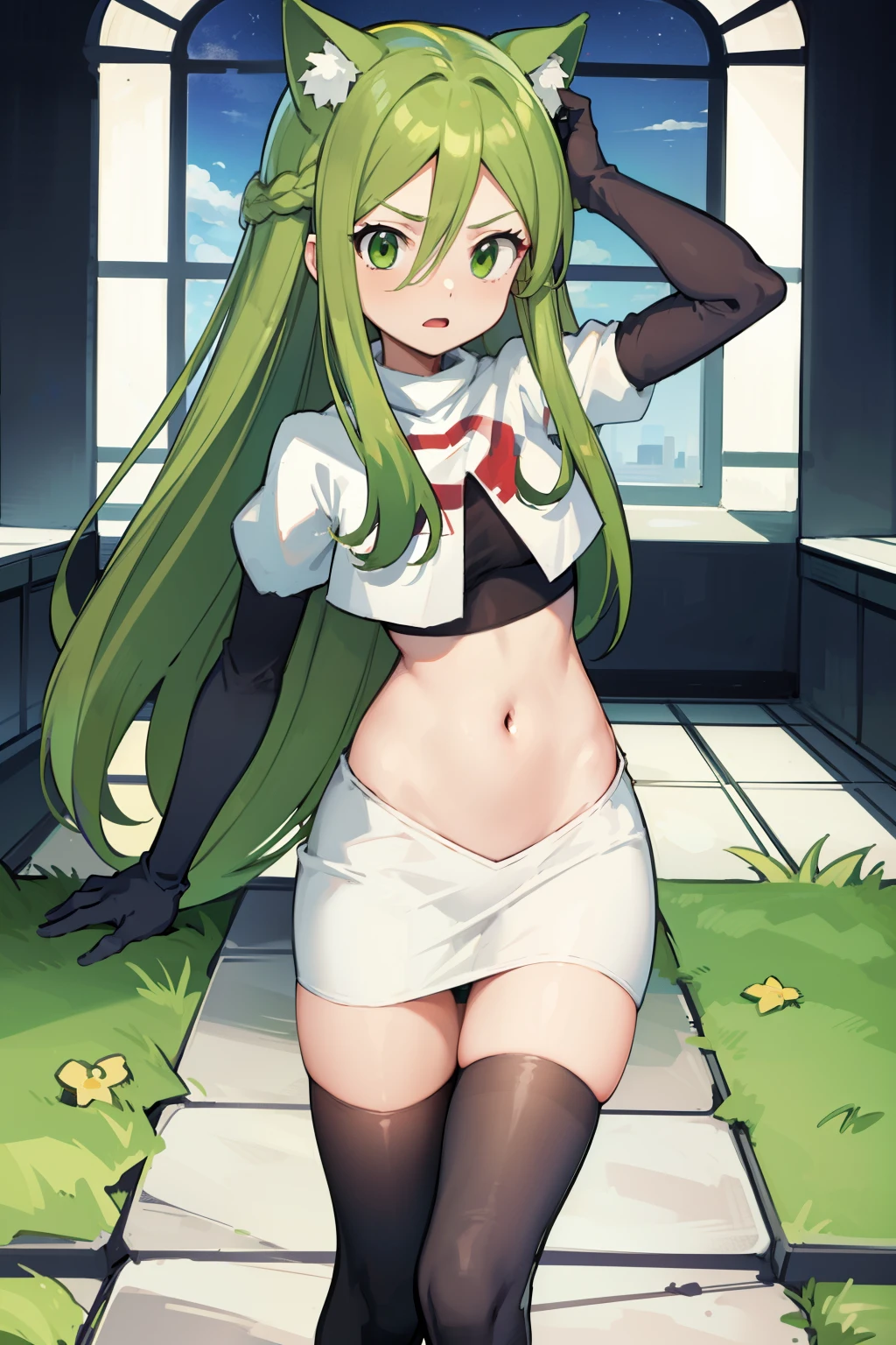 masterpiece, best quality, Izumi\(digimon\),hair over one eye, green eyes,green hair, long hair, 1girl, solo, team rocket,team rocket uniform, red letter R, white skirt,white crop top,black thigh-highs,black elbow gloves, cat hat