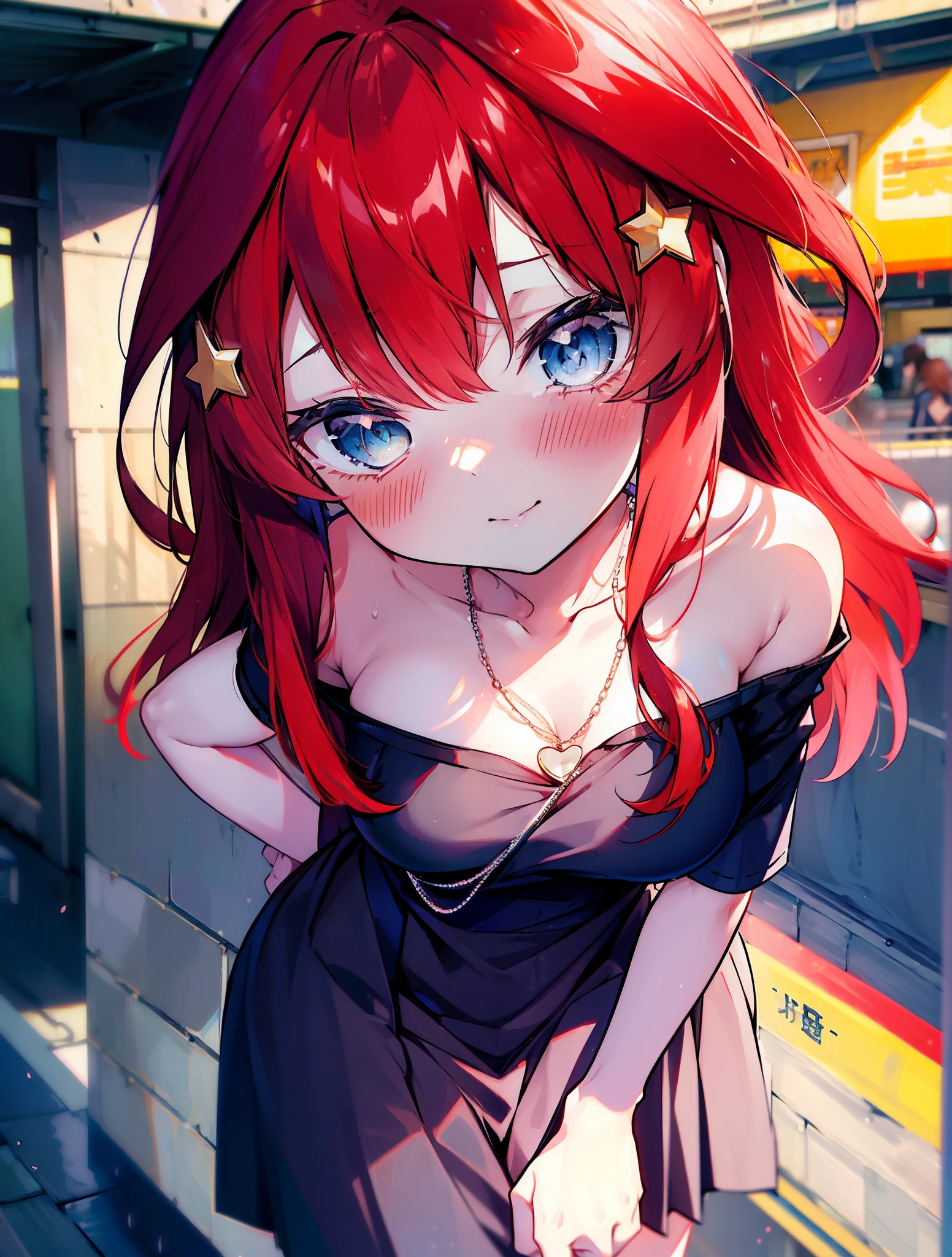 itsukinakano, itsuki nakano, bangs, blue eyes, hair between eyes, Ahoge, redhead, star \(symbol\happy smile, smile, open your mouth,embarrassing,blush, hair ornaments, star hair ornaments,Akagi glasses,red off shoulder sweater,bare shoulders,bare clavicle,naked neck,Heart Pendant Necklace,Black long skirt,Mini Boots,whole bodyがイラストに入るように,There are many shops,noon,Light of the sun,晴
break outdoors, station,square,
break looking at viewer,whole body (cowboy shot:1.5),
break (masterpiece:1.2), highest quality, High resolution, unity 8k wallpaper, (shape:0.8), (fine and beautiful eyes:1.6), highly detailed face, perfect lighting, Very detailed CG, (perfect hands, perfect anatomy),