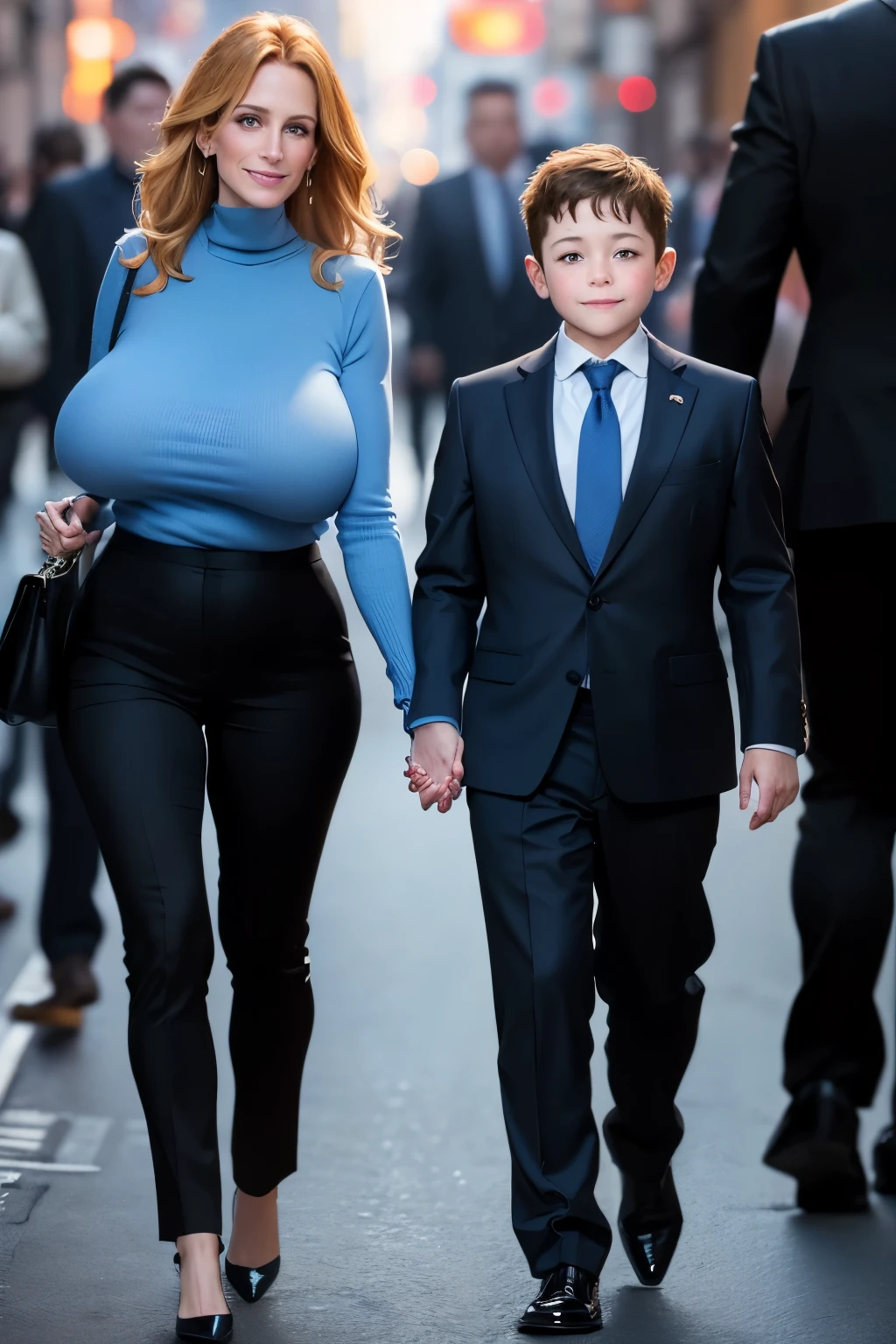 A 35 years old CEO, walking in the city, ((a 8-years old boy holding her hand)), the CEO has a face like Julia Roberts, wearing a light blue turtleneck top, business trousers, high heels, ((huge saggy breast)), (slim waist), (full person view, from head to toe), the CEO is smiling to the 8-years old boy