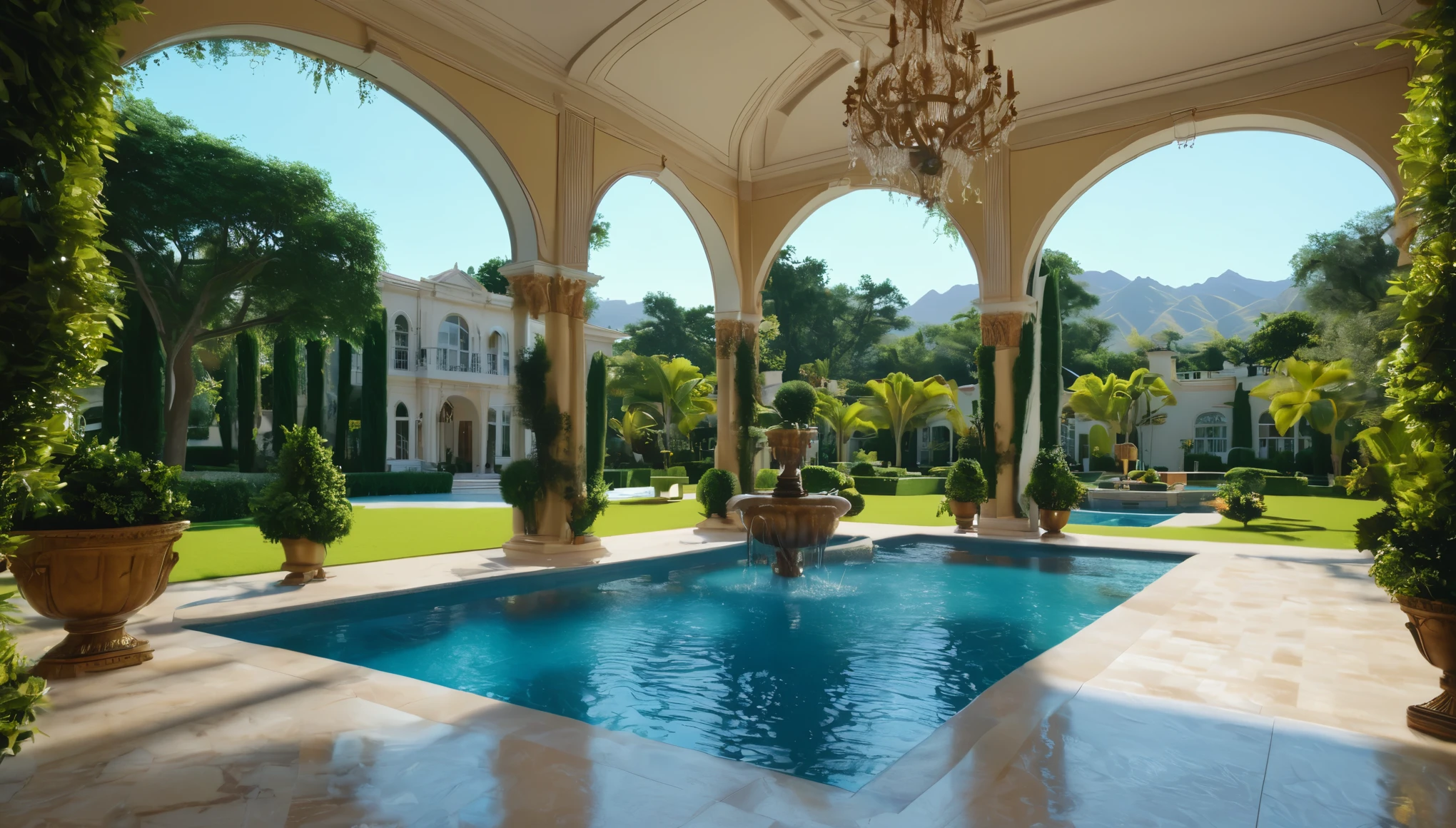 best quality,4k,8k,highres,masterpiece:1.2,ultra-detailed,realistic:1.37,wireframe,architectural drawings,contrast,opposites,lavish mansion,beautifully detailed interiors,stunning exteriors,impressive size and scale,meticulous attention to detail,sunlit rooms,expansive windows,rich colors,elegant decor,ornate chandeliers,grand staircase,marble floors,luxurious furniture,spacious living areas,ornamental gardens,poolside oasis,opulent dining room,high ceilings,arched doorways,scenic landscape,fountain,manicured lawns,verdant trees,immaculate hedges,rolling hills,blue sky,serene atmosphere,harmony of realism and wireframe,photorealistic wireframe blending,seamless integration