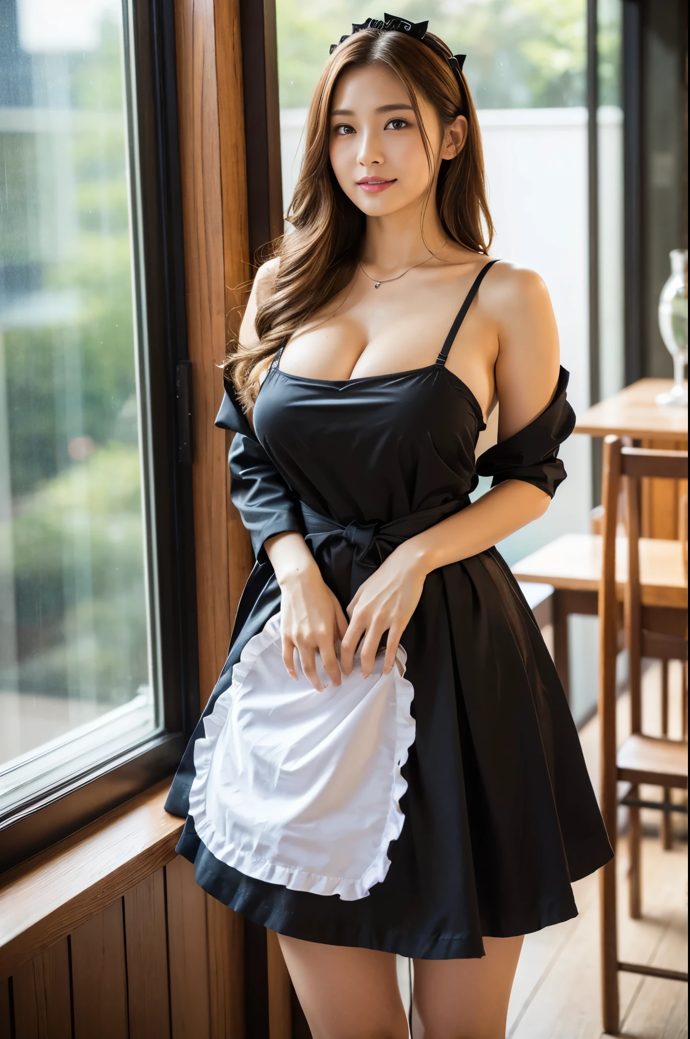 (8K, RAW photo, highest quality, masterpiece:1.2、Raw photo)、High resolution raw color photos, professional photos、super resolution, 8K, (reality, real photos:1.3), 1 person、(whole body angle:1.1)、((Angle from a long distance:1.2))、super detailed pussy, very detailed and beautiful, very detailed, amazing details、cute beautiful woman with perfect body:1.4、slim big:1.2、full body image, amazing details、cute beautiful woman with perfect body:1.4、slim big:1.2、shiny skin、glossy lips、High-definition face and skin texture、fine eyes、double eyelid、very detailedな、(dark brown hair color、long hair、curl hair)、big breasts、(((ample breasts:1.3)))、(High definition breasts、happy expression), big necklace、lingerie、maid、(maid服:1.3)、((lingerieのようなmaid服:1.3))、((白色のmaid服:1.3))、mini skirt、high heels、(Cafe)、(おしゃれなCafe)、(Asking customers about the menu)、(By the window、It's raining outside)、(Gravure photoshoot、Stand Sexy)