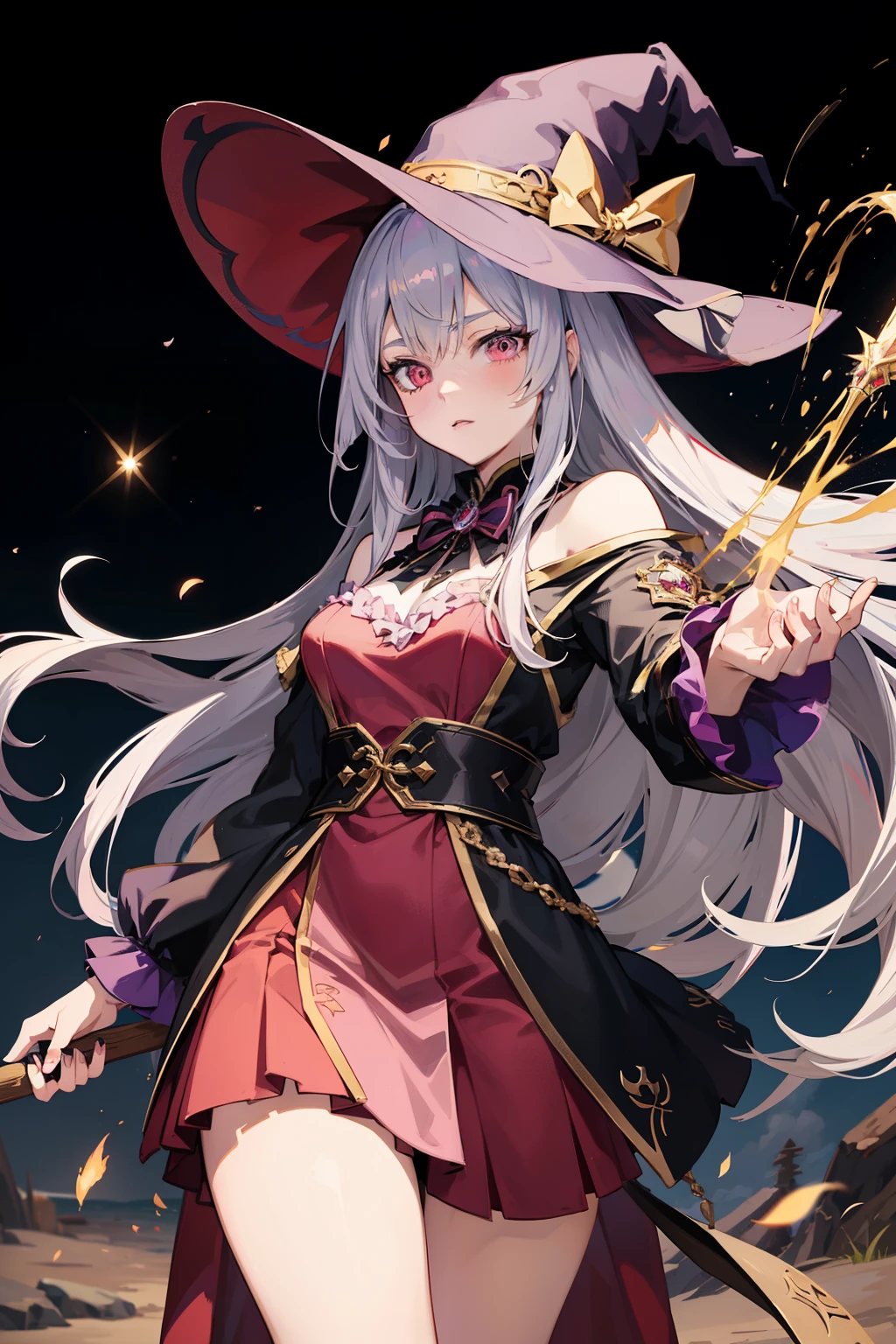 Anime style character, witch woman RPG legendary heroine, masterpiece, super detail, digital quality at best, silver hair flowing freely, long hair reaches the ground, witch hat with a pink ribbon adorns her head, red eyes gleam with magic, dressed in a pink and purple gown with yellow intricate details, rosy lipstick accentuates her lips, black sock conceals one leg, holding a bat with an aged wooden handle.

Anime-inspired character, portraying a legendary witch woman, meticulously crafted masterpiece, an RPG heroine of superb detail, digital quality at its finest, long silvery hair cascades down, traditional witch hat adorn