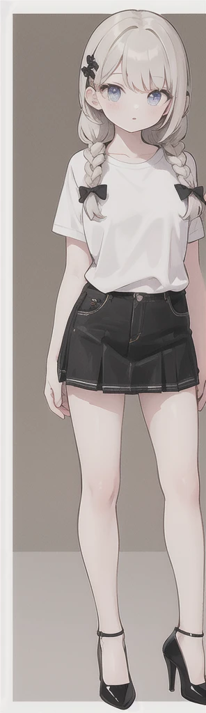 best quality,highres,extremely detailed,1girl,beautiful face,hair ornament,braid,very_long_leg:1.5,miniskirt,shirt,high heels,