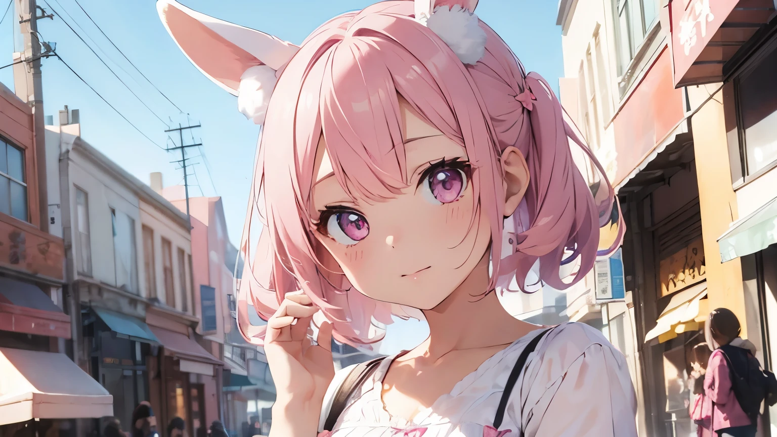 highest quality, pretty girl, pastel colour, fluffy rabbit ears, pink short bob,light pink eyes,shopping