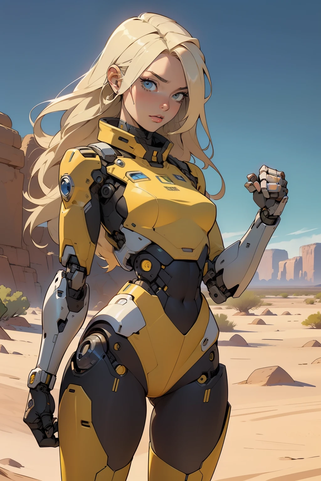 high quality, 4k, masterpiece, beautiful, cyborg girl, cowboy shot, dull eyes, front, looking at viewer, long blonde hair, girl, small breasts, fit thighs, robotic arms, robotic body, cyborg body, yellow & white uniform, red accent, intricate detail, joint, detailed lines, robotic detail, holding fist up, holding hand up as fist, color robotic parts, robotic parts with color, perfect fingers, on a desert planet, sunny background, colorful desert, a river or a lake in the background, slender thighs