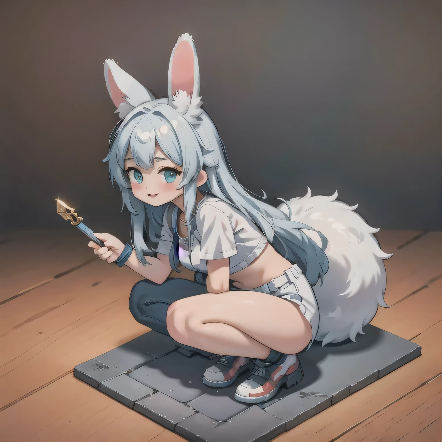 (masterpiece, best quality:1.2), 1girl, ((masterpiece, highest quality, Highest image quality, High resolution, photorealistic, Raw photo, 8K)), Retro Game, Nintendo, SEGA, Namco, Cyberpunk 1:25 miniatures,illustration,Side viewing angle,((Side viewing angle)),Wear gold wire-rimmed reflective sunglasses,Carry future weapons,very happy,Side viewing angle,whole body,three-dimensional,octane rendering,Perfect face,Collagen texture((flowing hair))((Gradient long fur rabbit ears))