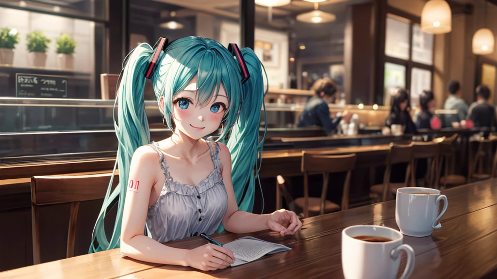 (original photo, best quality), 1 girl, Hatsune Miku , natural lighting, Upper body, cafes, Smile,
Satosh Khan Art Style