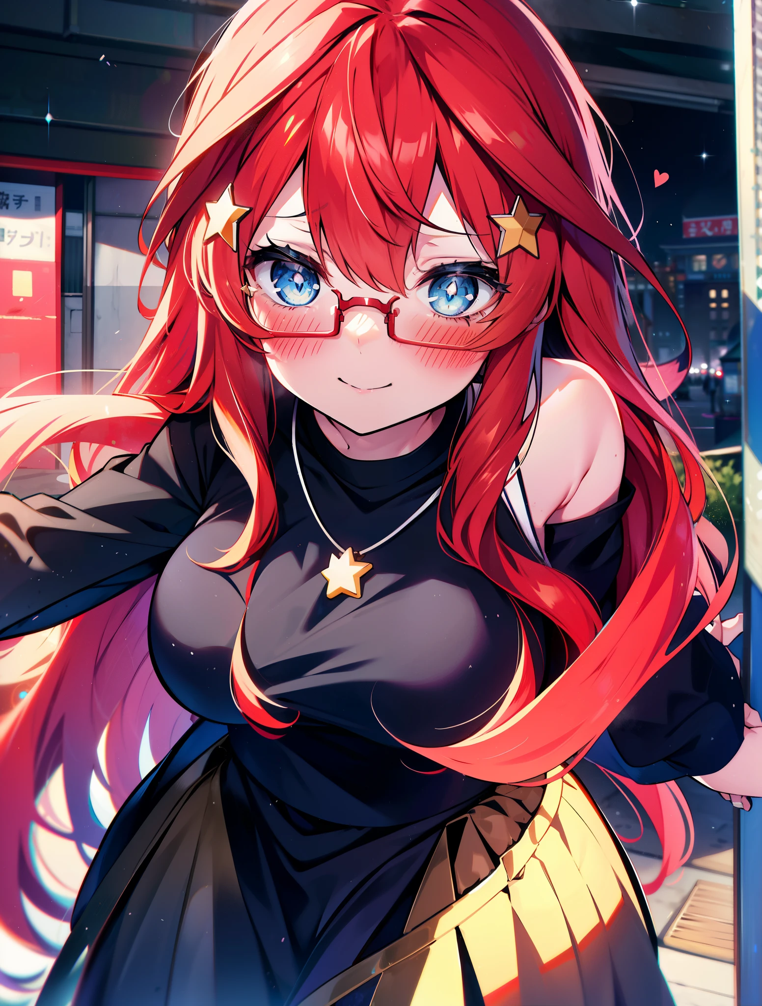 itsukinakano, itsuki nakano, bangs, blue eyes, hair between eyes, Ahoge, redhead, star \(symbol\happy smile, smile, open your mouth,embarrassing,blush, hair ornaments, star hair ornaments,Akagi glasses,red off shoulder sweater,bare shoulders,bare clavicle,naked neck,Heart Pendant Necklace,Black long skirt,Mini Boots,put your left hand on your waist,slouch,whole bodyがイラストに入るように,There are many shops,noon,Light of the sun,晴
break outdoors, station,square,
break looking at viewer,whole body (cowboy shot:1.5),
break (masterpiece:1.2), highest quality, High resolution, unity 8k wallpaper, (shape:0.8), (fine and beautiful eyes:1.6), highly detailed face, perfect lighting, Very detailed CG, (perfect hands, perfect anatomy),