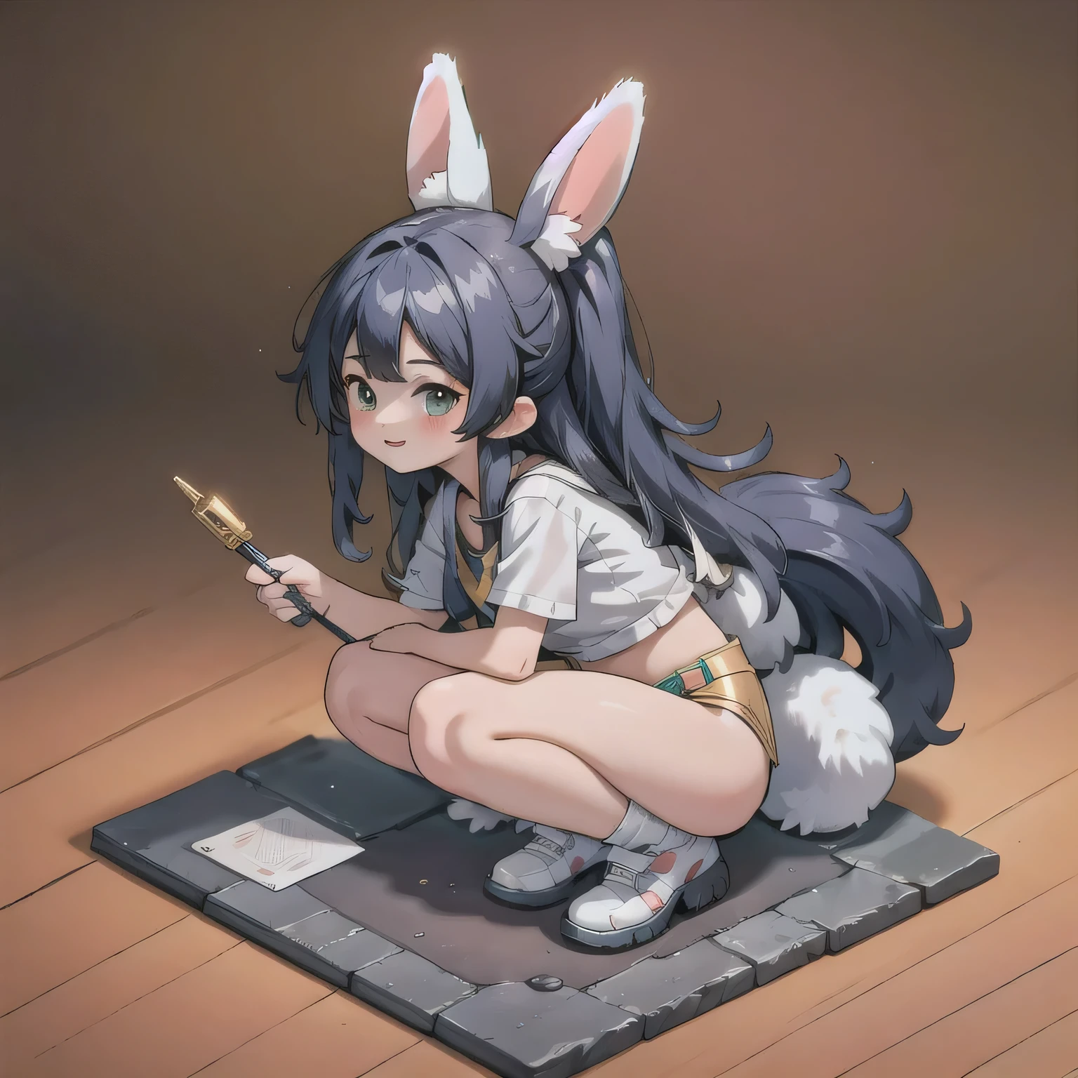 (masterpiece, best quality:1.2), 1girl, ((masterpiece, highest quality, Highest image quality, High resolution, photorealistic, Raw photo, 8K)), Retro Game, Nintendo, SEGA, Namco, Cyberpunk 1:25 miniatures,illustration,Side viewing angle,((Side viewing angle)),Wear gold wire-rimmed reflective sunglasses,Carry future weapons,very happy,Side viewing angle,whole body,three-dimensional,octane rendering,Perfect face,Collagen texture((flowing hair))((Gradient long fur rabbit ears))
