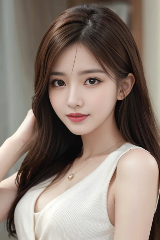 on the table, best quality, actual, super detailed, finely, High resolution, 8k wallpaper, 1 beautiful woman,, light brown messy hair, wearing a suit, sharp focus, Perfect dynamic composition, Beautiful and delicate eyes, thinning hair, Detailed actual skin texture, Smile, closeup portrait, model figure