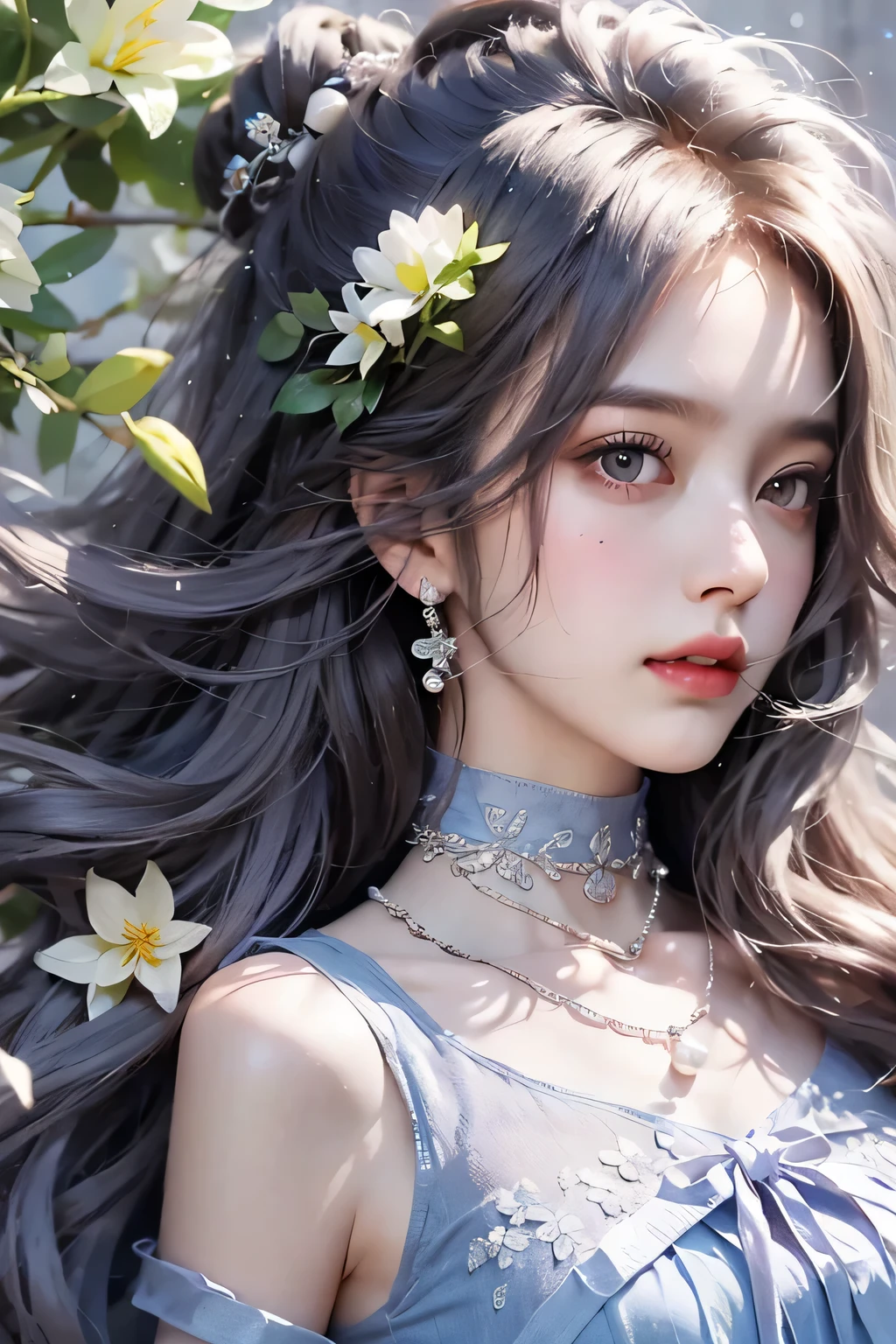 Sweet girly clothes 2,pearl necklace,blue dress,flower, One hand resting on his lips、There are white butterfly orchids around the hair，Lilac dendrobium、orange lily、White Lily、1 girl in、full-body shot、white hair、flowing hair、hazy beauty、plump ???????, felling, Have extremely beautiful facial features、hairpins on head、Lie in the flowers、Drag your chin with both hands、perfect hands、rose knot、(spring、rainy day、Butterfly、cliff)、 vector art、Chinese contemporary art、soft light、intertwined scarves、look down