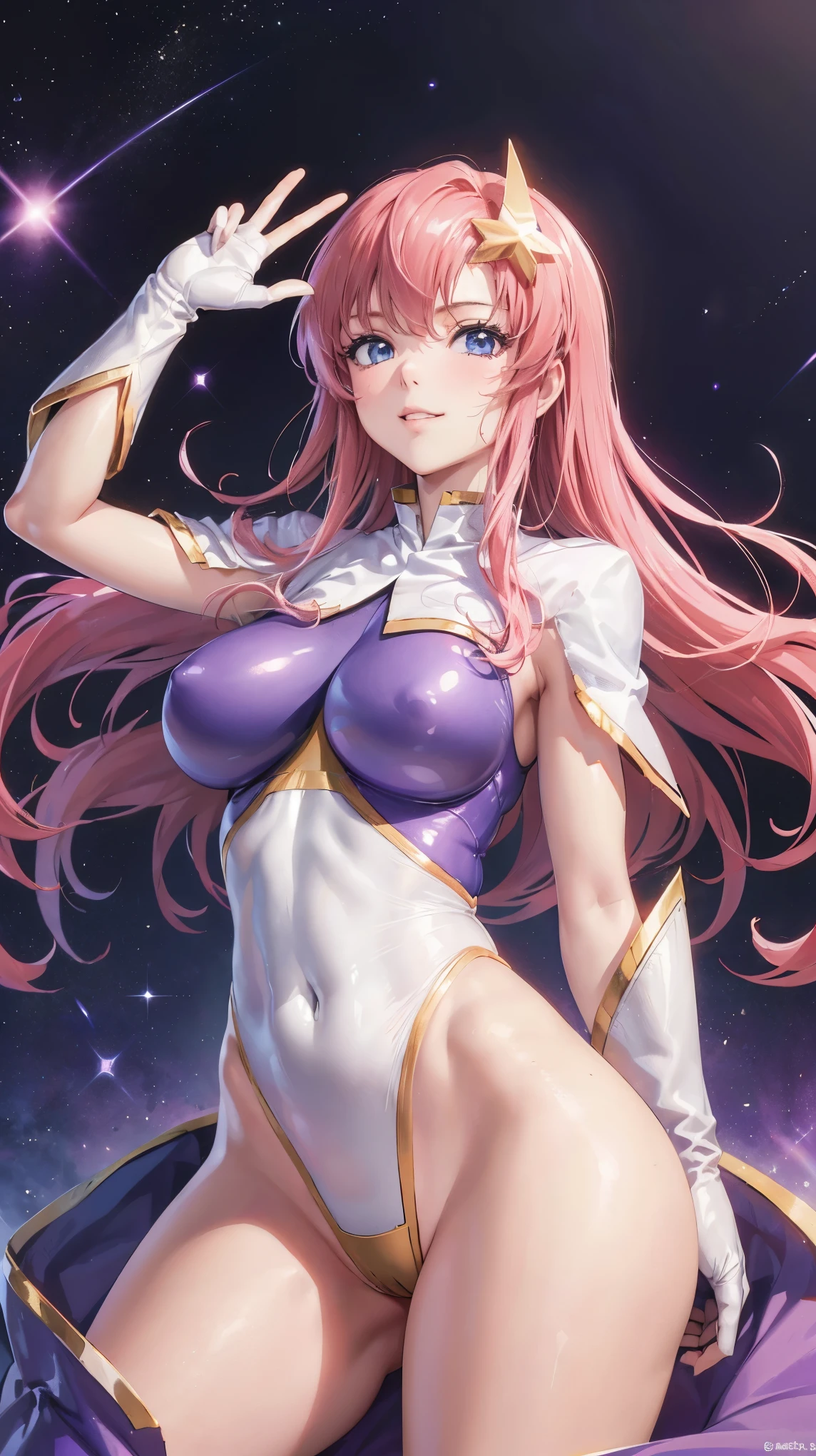 (masterpiece）、（Highest image quality）、（Super detailed）、（extremely detailed）、4K、（8K）、Highest image quality、（beautiful）、
more campbell, 1 girl, star hair ornaments, hair ornaments, pink hair, long hair, gloves, Leotard Purple leotard, white leotard, leotard that bites、super breasts、thick thighs、,light smile､dynamic pose､gravure､dynamic angle、noise removal､emphasis on crotch､chest enhancement