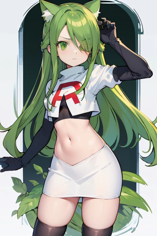 masterpiece, best quality, Izumi\(digimon\),hair over one eye, green eyes,green hair, long hair, 1girl, solo, team rocket,team rocket uniform, red letter R, white skirt,white crop top,black thigh-highs,black elbow gloves, cat hat