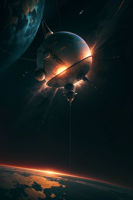 Sputnik 1 fall. Futuristic. Best quality and highly professional design. Cyberspace. UltraHD. 8k. High resolution. Dark tones.