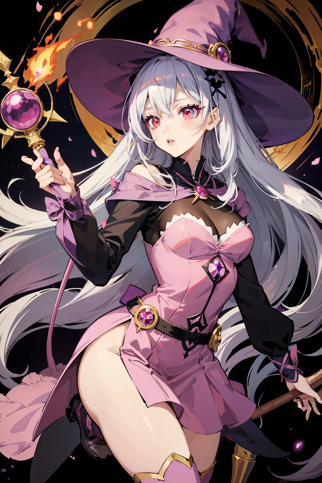 Anime style, character, cartoon, a witch woman, RPG character, legendary heroine, masterpiece, super detail, maximum digital quality, silver hair, long hair, witch hat with pink ribbon, red eyes, pink dress and purple with yellow details, lipstick, black sock, holding a staff