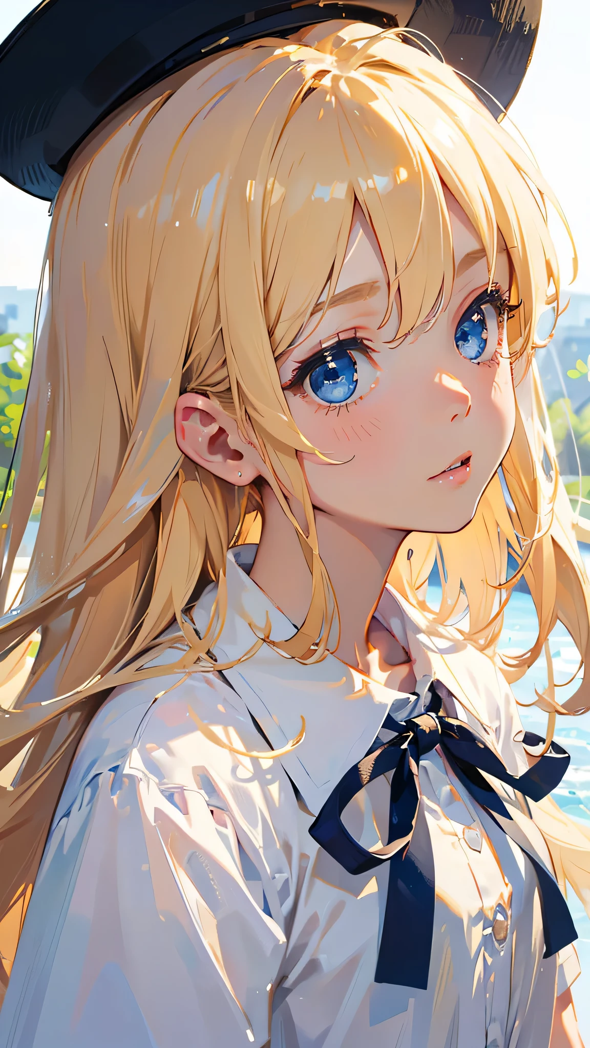 highest quality、realistic、girl、zoom、look up、cute、blue eyes、blonde hair、straight hair、long hair、comb your hair、white blouse、face close up、slender