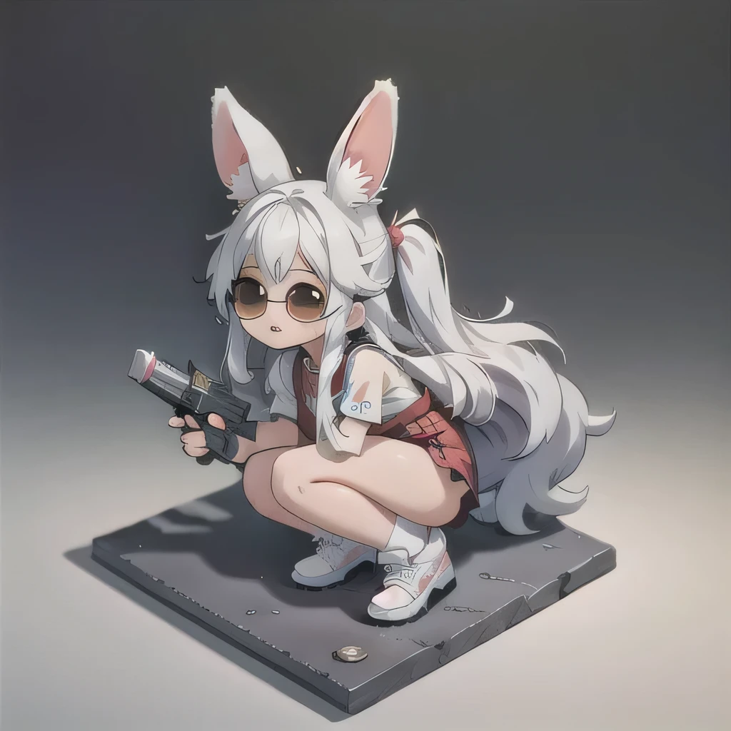 (masterpiece, best quality:1.2), 1girl, ((masterpiece, highest quality, Highest image quality, High resolution, photorealistic, Raw photo, 8K)), Retro Game, Nintendo, SEGA, Namco, Cyberpunk 1:25 miniatures,illustration,Side viewing angle,((Side viewing angle)),Wear gold wire-rimmed reflective sunglasses,Carry future weapons,very happy,Side viewing angle,whole body,three-dimensional,octane rendering,Perfect face,Collagen texture((flowing hair))((Gradient long fur rabbit ears))
