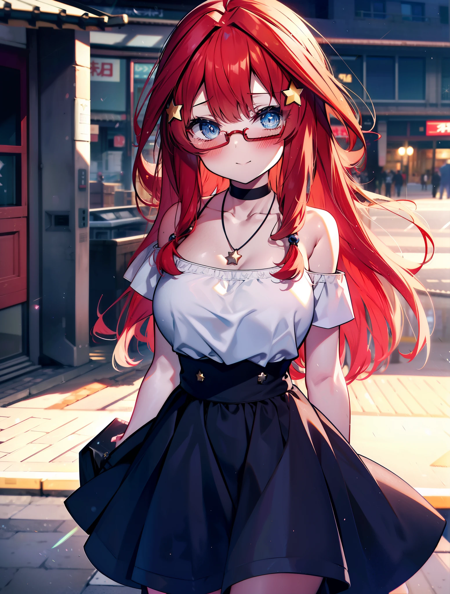 itsukinakano, itsuki nakano, bangs, blue eyes, hair between eyes, Ahoge, redhead, star \(symbol\happy smile, smile, open your mouth,embarrassing,blush, hair ornaments, star hair ornaments,Akagi glasses,red off shoulder sweater,bare shoulders,bare clavicle,naked neck,Heart Pendant Necklace,Black long skirt,Mini Boots,put your left hand on your waist,slouch,whole bodyがイラストに入るように,There are many shops,noon,Light of the sun,晴
break outdoors, station,square,
break looking at viewer,whole body (cowboy shot:1.5),
break (masterpiece:1.2), highest quality, High resolution, unity 8k wallpaper, (shape:0.8), (fine and beautiful eyes:1.6), highly detailed face, perfect lighting, Very detailed CG, (perfect hands, perfect anatomy),