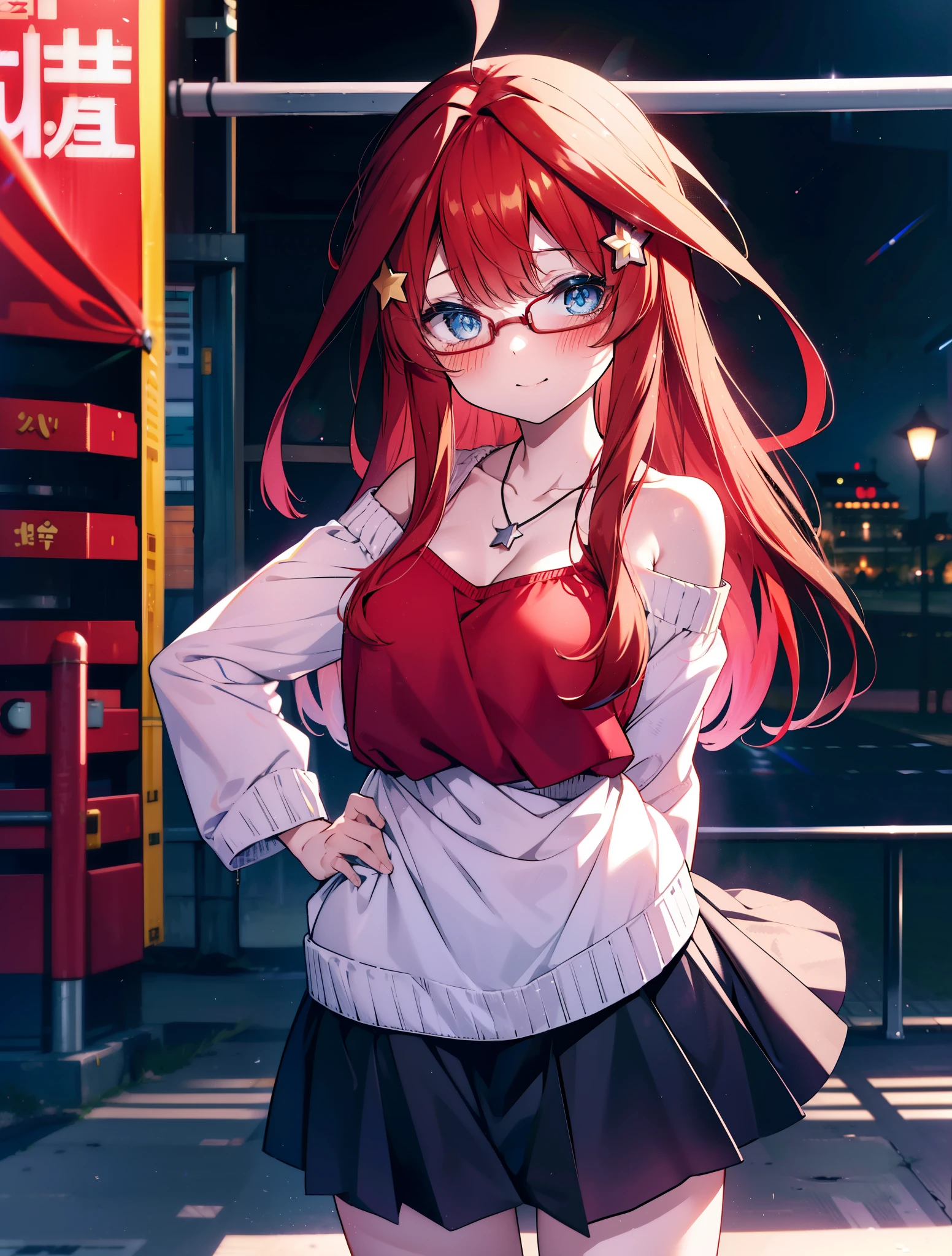 itsukinakano, itsuki nakano, bangs, blue eyes, hair between eyes, Ahoge, redhead, star \(symbol\happy smile, smile, open your mouth,embarrassing,blush, hair ornaments, star hair ornaments,Akagi glasses,red off shoulder sweater,bare shoulders,bare clavicle,naked neck,Heart Pendant Necklace,Black long skirt,Mini Boots,put your left hand on your waist,slouch,whole bodyがイラストに入るように,There are many shops,noon,Light of the sun,晴
break outdoors, station,square,
break looking at viewer,whole body (cowboy shot:1.5),
break (masterpiece:1.2), highest quality, High resolution, unity 8k wallpaper, (shape:0.8), (fine and beautiful eyes:1.6), highly detailed face, perfect lighting, Very detailed CG, (perfect hands, perfect anatomy),