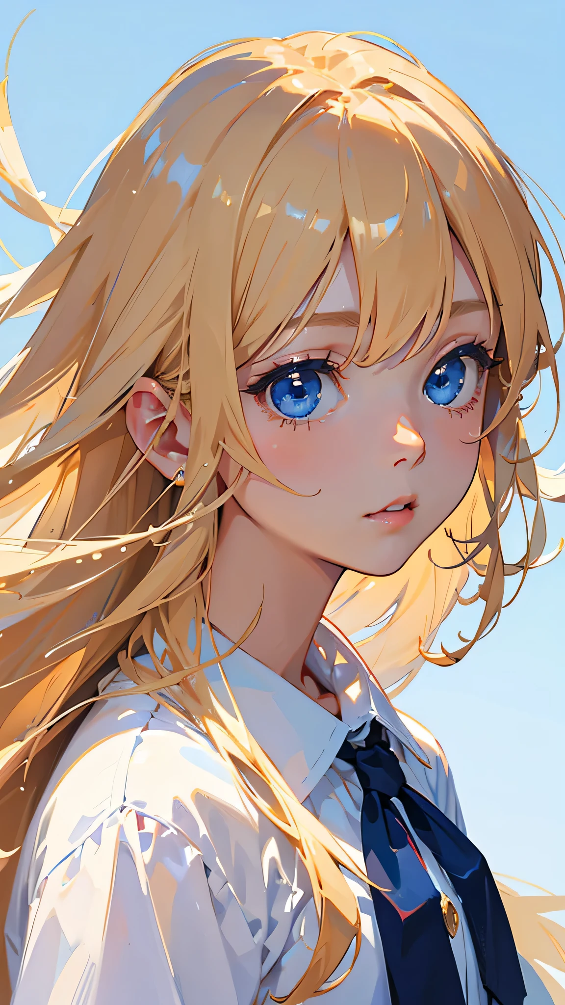 highest quality、realistic、girl、zoom、look up、cute、blue eyes、blonde hair、straight hair、long hair、comb your hair、white blouse、face close up、slender