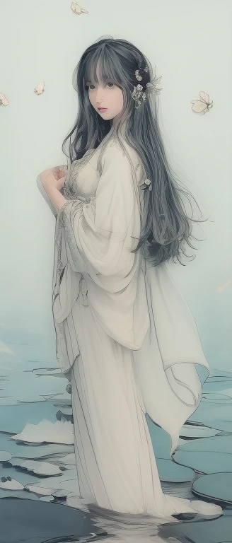 ((An illustration、4k,masterpiece,highest quality、whole body)), various poses、Shuimobisim, traditional chinese ink painting, lotus,  Hanfu, maxi kit, dress modestly, alone, blue long hair, smile, Are standing, feet in the water, barefoot,Background of white lotus flowers and light blue lotus leaves、
 