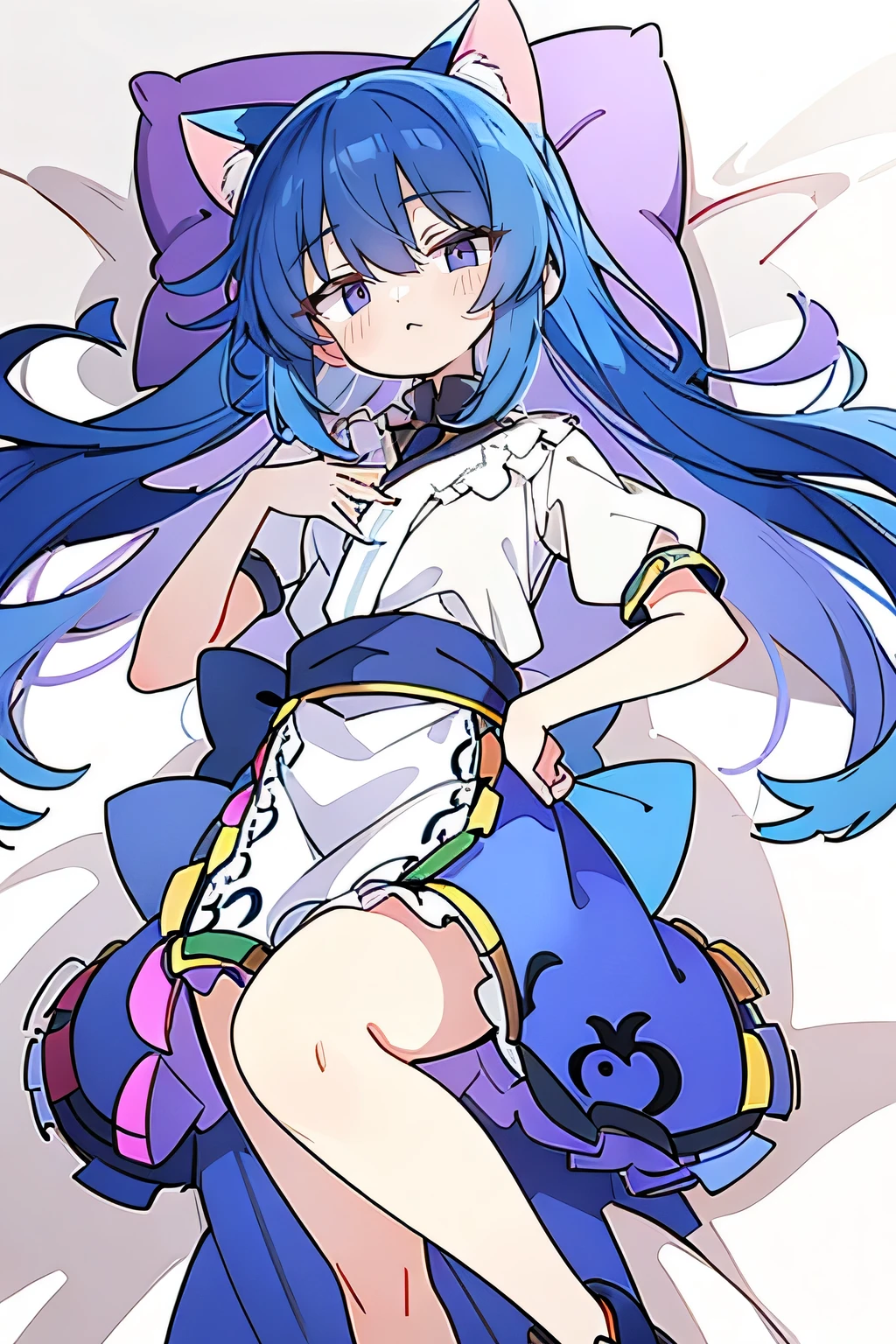 (Masterpiece), best quality, expressive eyes, perfect face, 1girl,
Put your hands on your waist, fair, gorgeous, Japanese comics, girl, Lola, young angel, blue hair, blue hair, flowing clothes, hug the waist, hug the waist, hands on hips, hands on hips, lay down , lying on the ground, legs on the ground, flat chest, cat ears