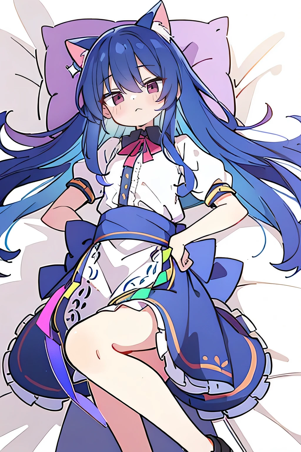 (Masterpiece), best quality, expressive eyes, perfect face, 1girl,
Put your hands on your waist, fair, gorgeous, Japanese comics, girl, Lola, young angel, blue hair, blue hair, flowing clothes, hug the waist, hug the waist, hands on hips, hands on hips, lay down , lying on the ground, legs on the ground, flat chest, cat ears
