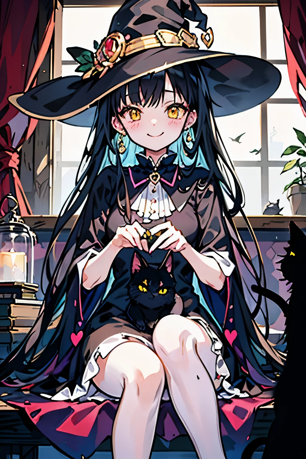 witch、girl、Sitting with a cute black cat with yellow eyes(With a smile)、
In a warm and cozy atmosphere、