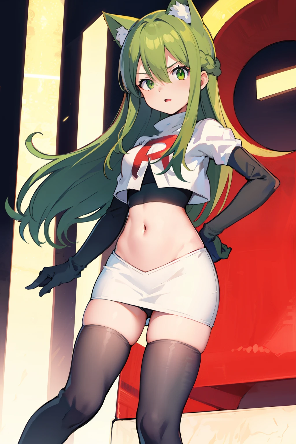 masterpiece, best quality, Izumi\(digimon\),hair over one eye, green eyes,green hair, long hair, 1girl, solo, team rocket,team rocket uniform, red letter R, white skirt,white crop top,black thigh-highs,black elbow gloves, cat hat