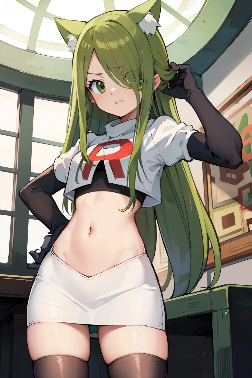 masterpiece, best quality, Izumi\(digimon\),hair over one eye, green eyes,green hair, long hair, 1girl, solo, team rocket,team rocket uniform, red letter R, white skirt,white crop top,black thigh-highs,black elbow gloves, cat hat