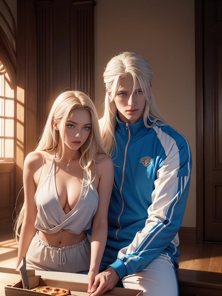 A handsome tall statuesque masculine man-platinum blonde with long white hair and blue eyes, dressed in a tracksuit, is sitting on the floor next to an incredibly beautiful young femme fatale, she has blue eyes, long golden hair gathered in a bun, long bangs, they are eating pizza, having fun. Masterpiece, 8k. full-length image, realistic image, detailed image. an extremely detailed illustration, a real masterpiece, of the highest quality, with careful drawing. shading with shadows. beautiful pose, full-length detailed image, 8k, realistic image, dynamic image, detailed image. an extremely detailed illustration, a real masterpiece, of the highest quality, with careful drawing.