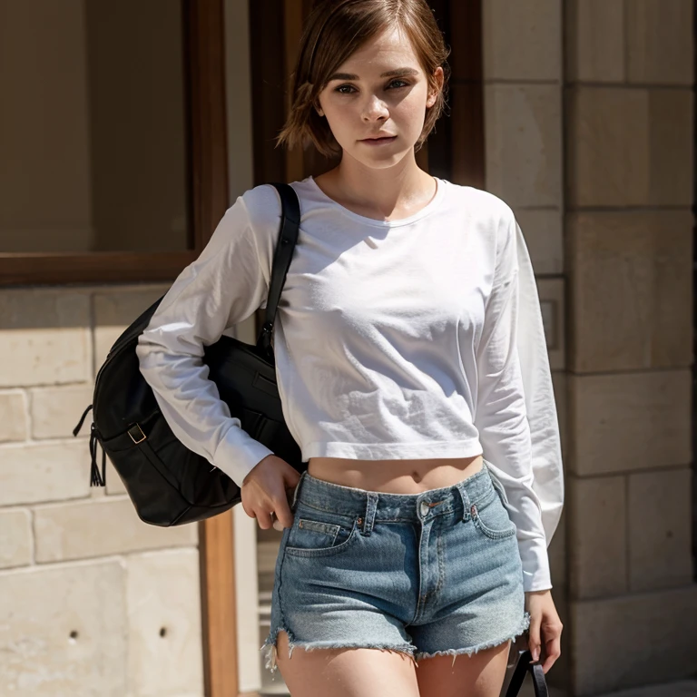 Emma Watson dressed in a long-sleeved shirt with ripped shorts